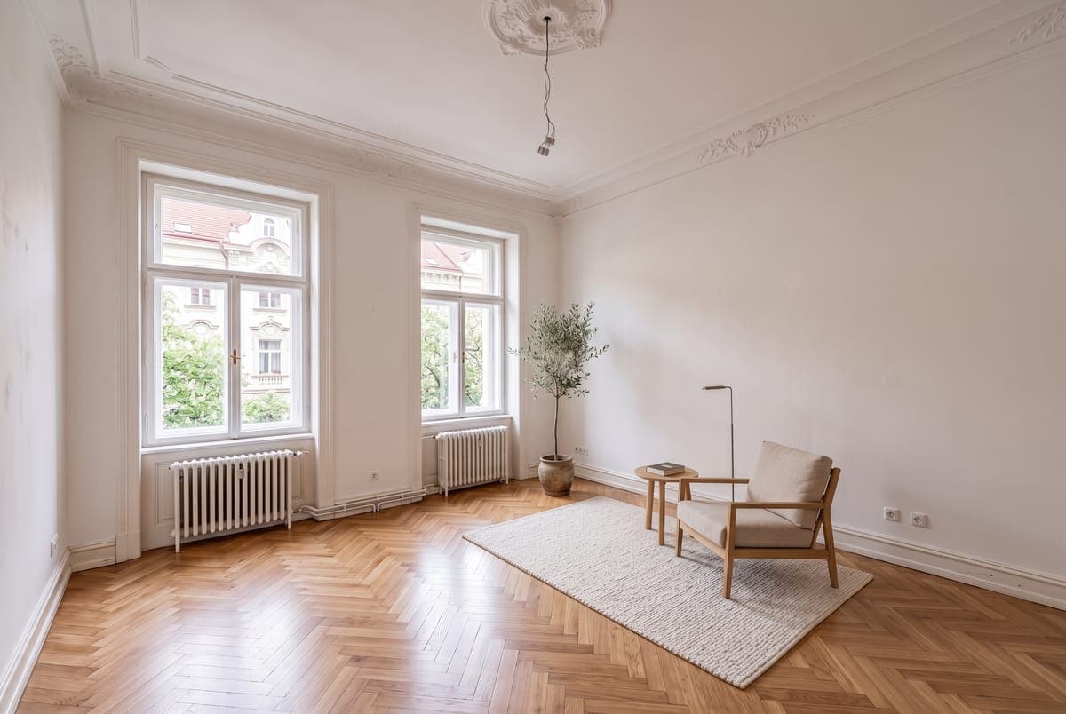 Tentýž pokoj s kobercem, křeslem a rostlinou