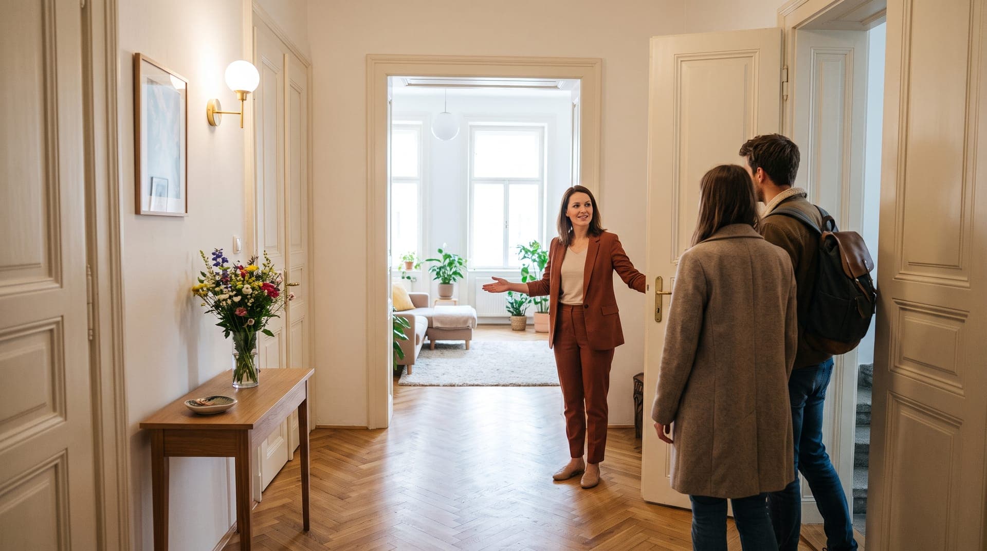 Makléř otevírá dveře bytu kupujícím
